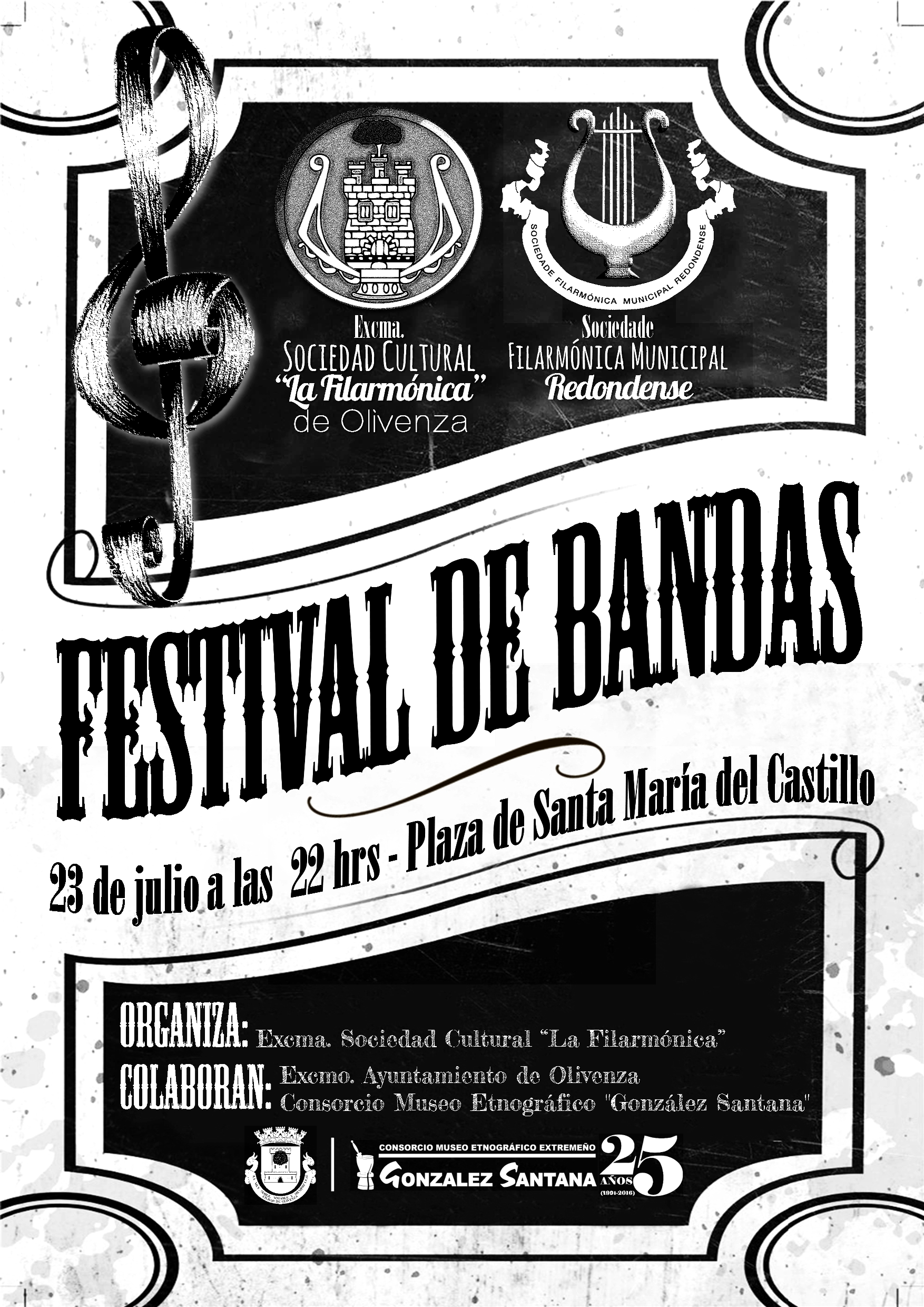 Las bandas Filarmónicas de Olivenza y Redondo ofrecerán el sábado 23 de julio un concierto en la plaza de Santa María del Castillo