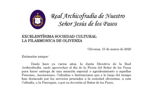 La Filarmónica recibe la Mención 2026 de la Cofradía del Señor de los Pasos